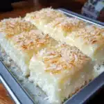 Pastel de coco frío recién cortado, jugoso y cubierto con coco rallado sobre una bandeja blanca
