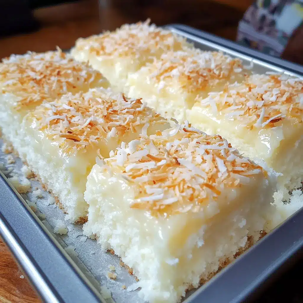 Pastel de coco frío recién cortado, jugoso y cubierto con coco rallado sobre una bandeja blanca