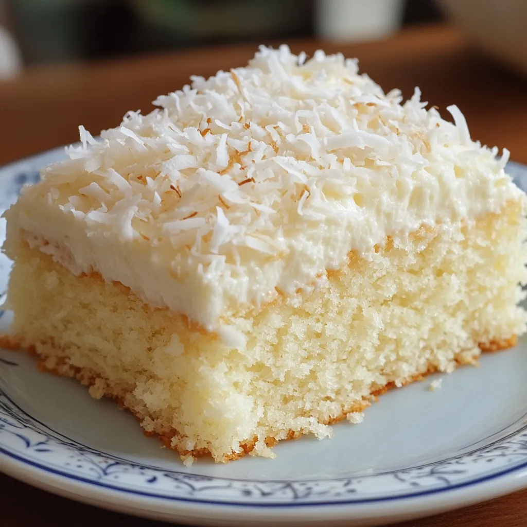 Pastel de coco frío y húmedo decorado con coco rallado sobre bandeja blanca