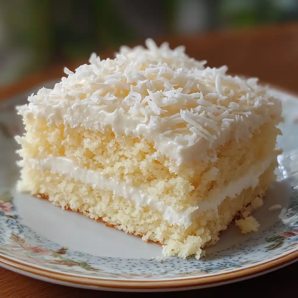 Pastel de coco frío y húmedo decorado con coco rallado sobre bandeja blanca