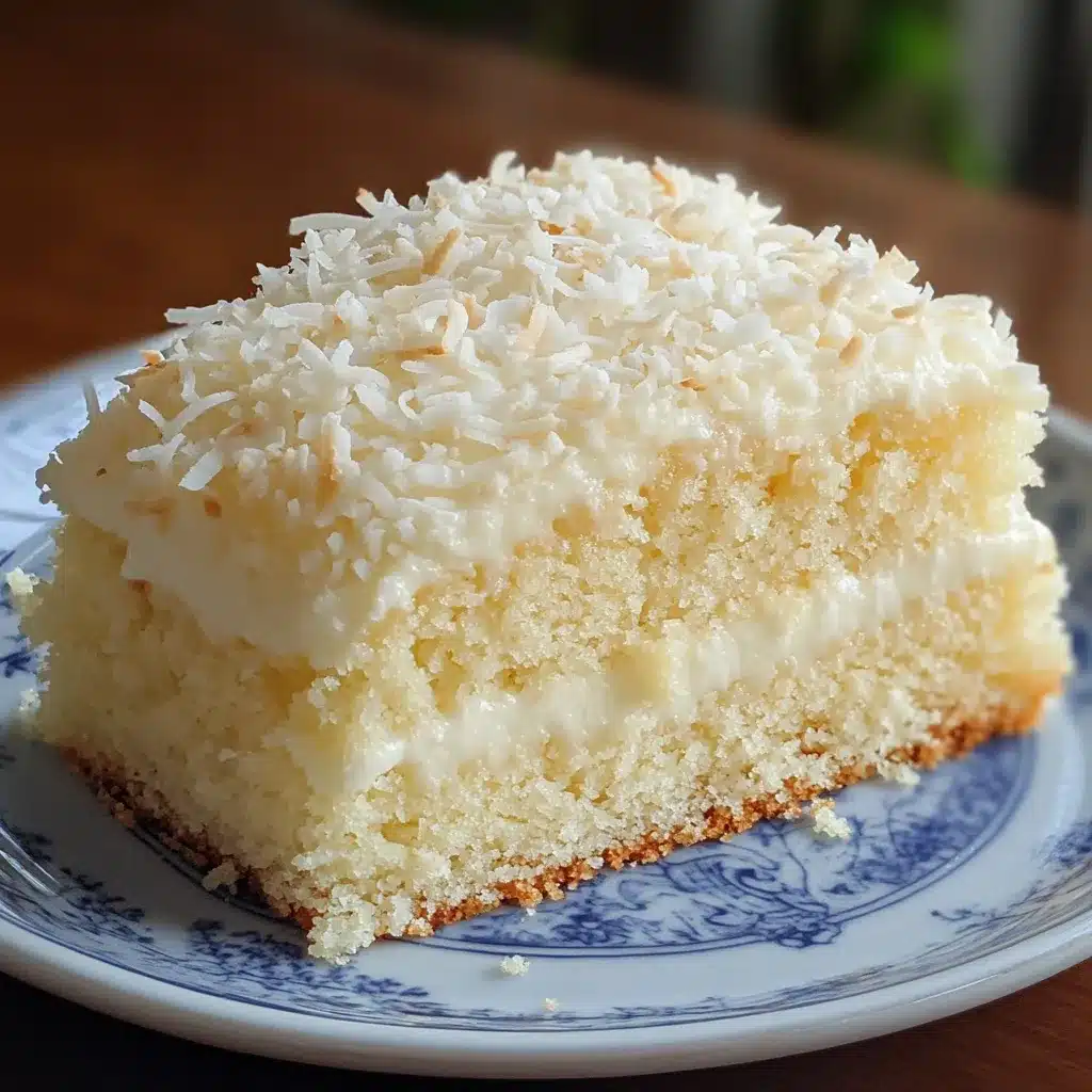 Pastel de coco frío y húmedo decorado con coco rallado sobre bandeja blanca