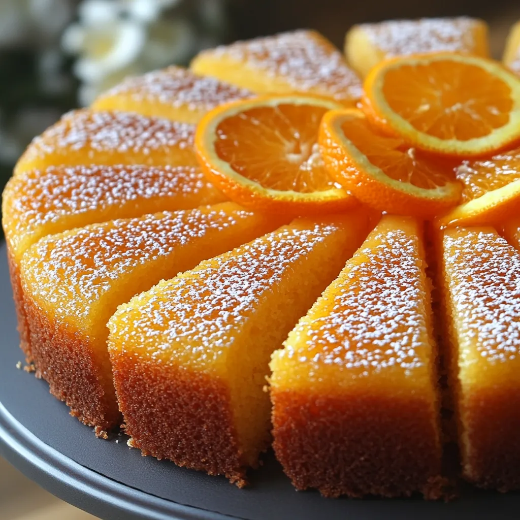Pastel casero de maicena y harina de maíz con jugo de naranja recién exprimido