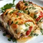 Pechuga de pollo rellena con espinaca, pimiento rojo y queso mozzarella recién cocinada en sartén.