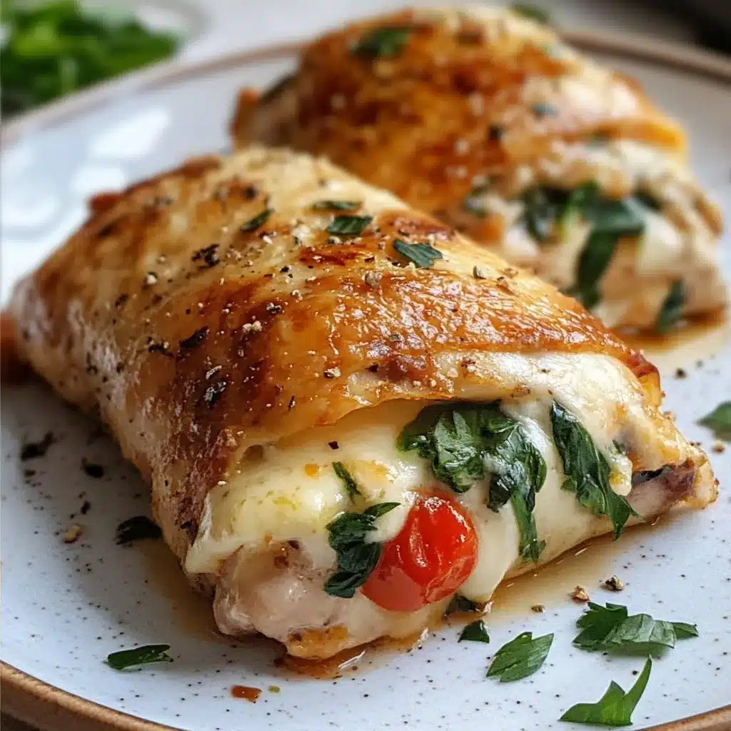 Pechuga de pollo rellena con espinaca, pimiento rojo y queso mozzarella recién cocinada en sartén.