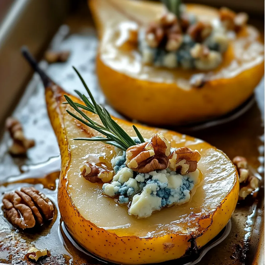 Peras horneadas rellenas de queso azul y nueces tostadas bañadas en miel sobre bandeja de cerámica blanca