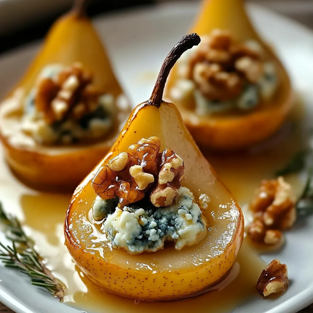 Peras horneadas rellenas de queso azul y nueces tostadas bañadas en miel sobre bandeja de cerámica blanca