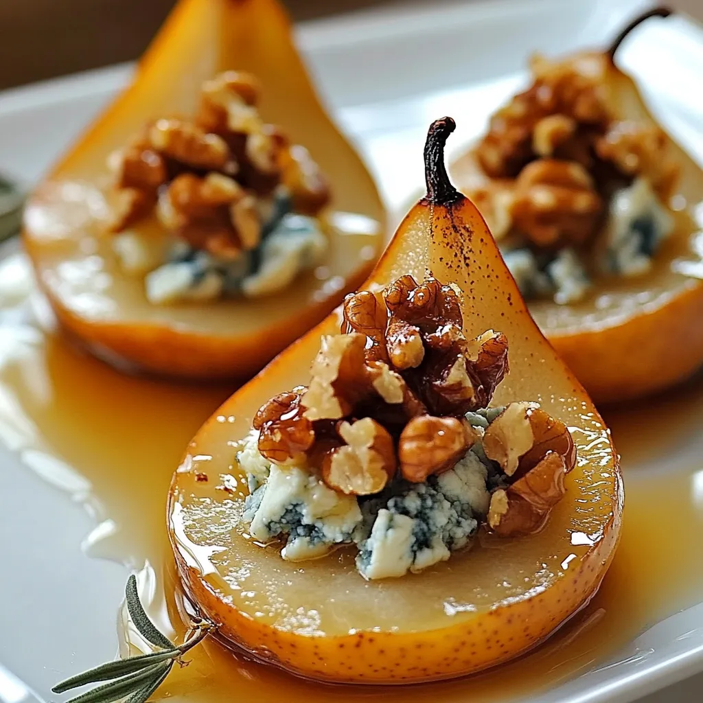 Peras horneadas rellenas de queso azul y nueces tostadas bañadas en miel sobre bandeja de cerámica blanca