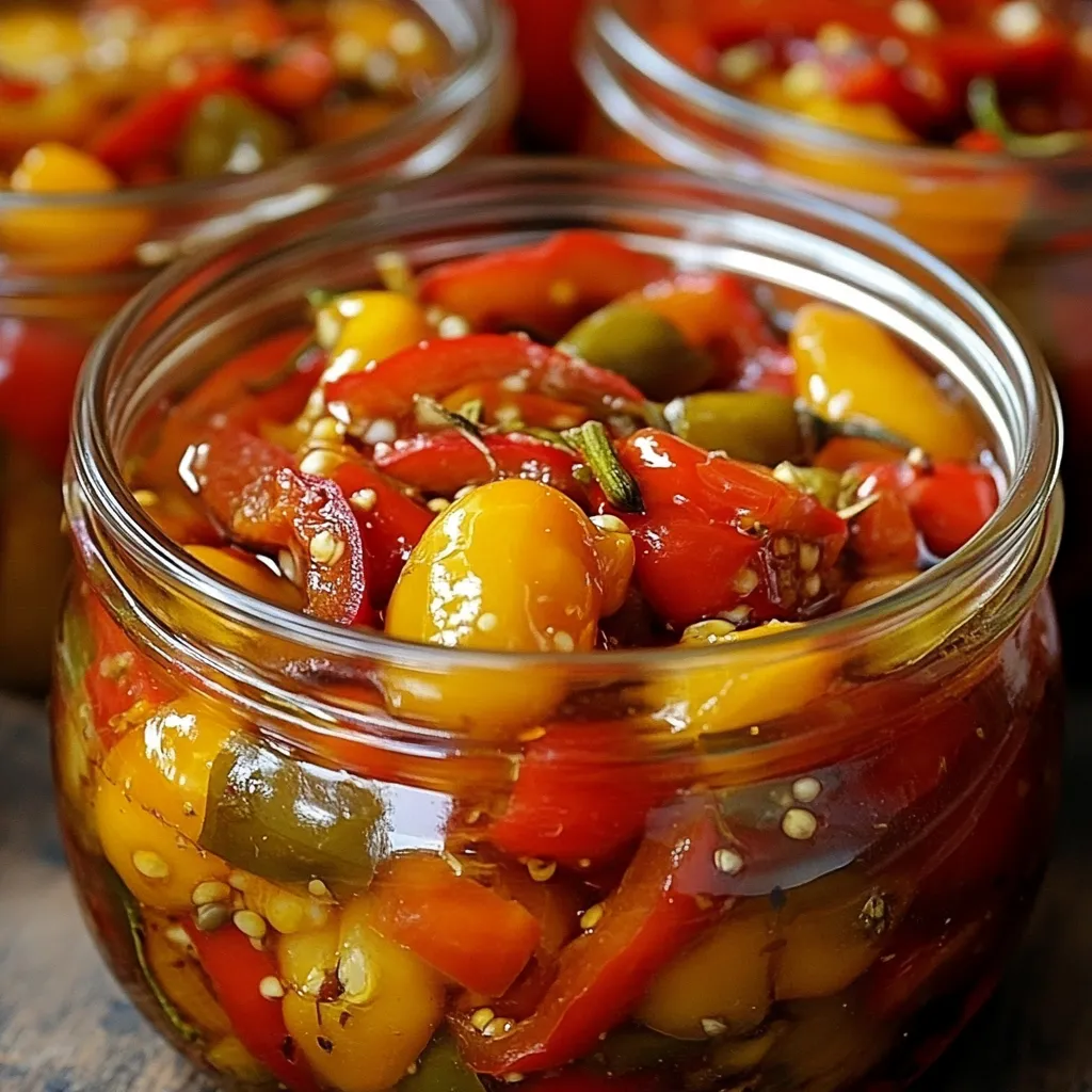 Pimientos en escabeche con ajo servidos en frasco de vidrio con aceite de oliva