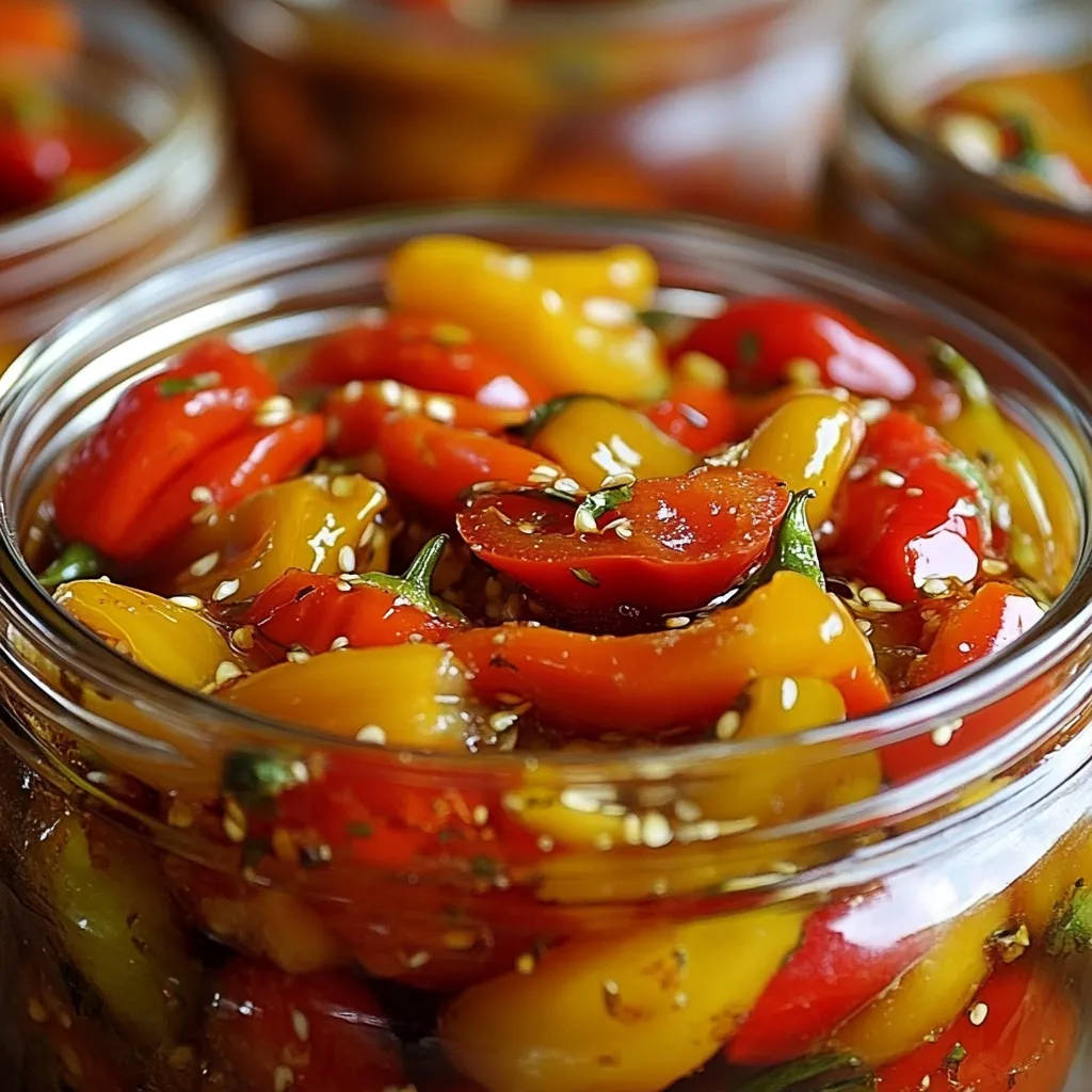 Pimientos en escabeche con ajo servidos en frasco de vidrio con aceite de oliva