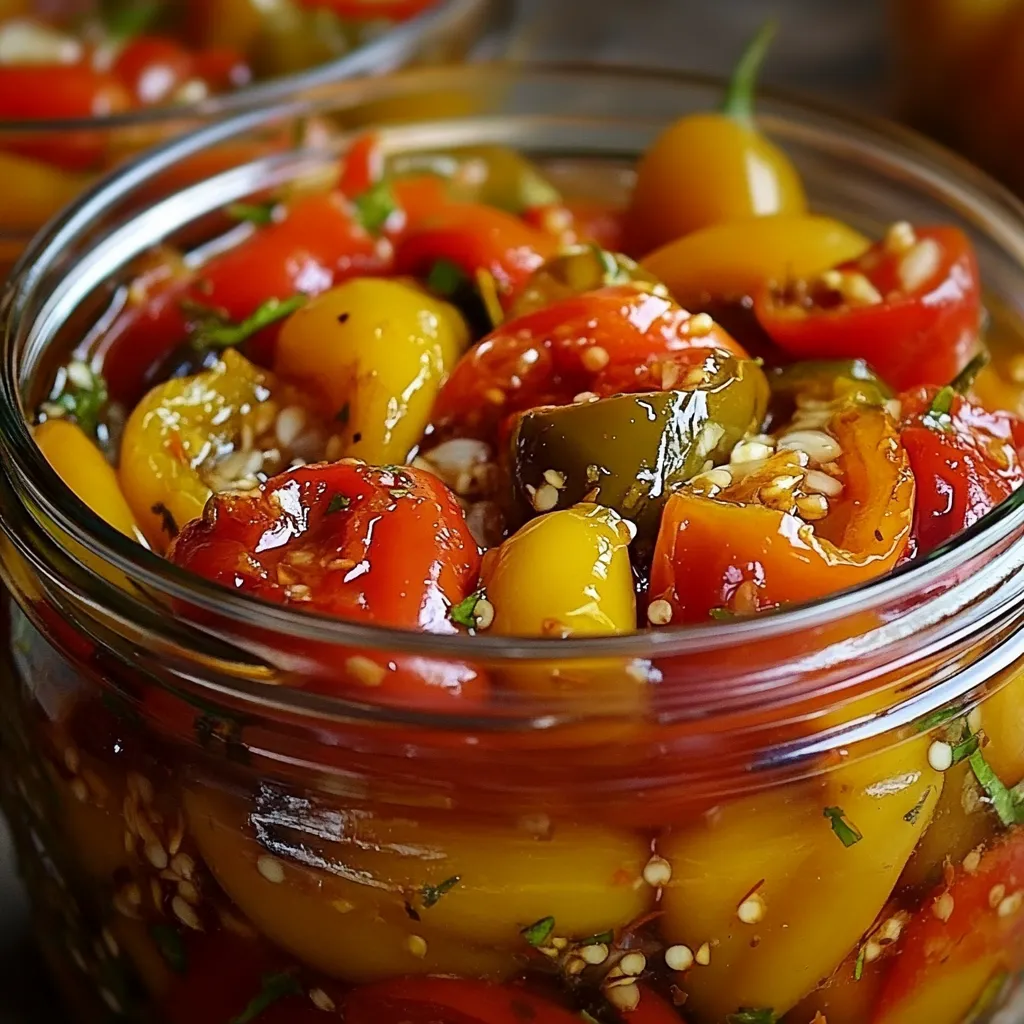 Pimientos en escabeche con ajo servidos en frasco de vidrio con aceite de oliva