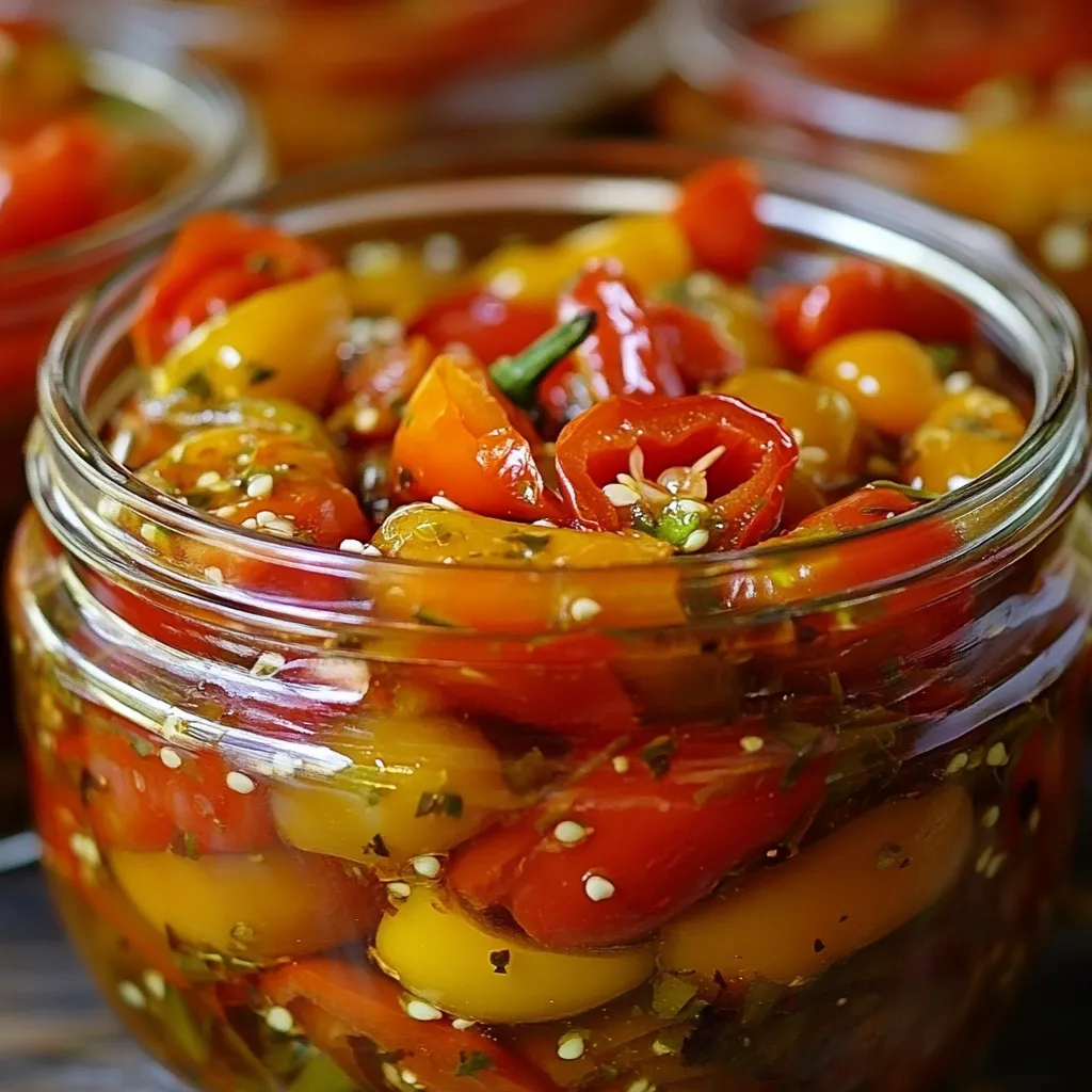 Pimientos en escabeche con ajo servidos en frasco de vidrio con aceite de oliva