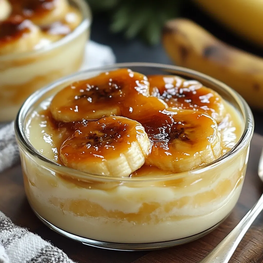 Postre de plátano caramelizado con crema casera en copa de vidrio