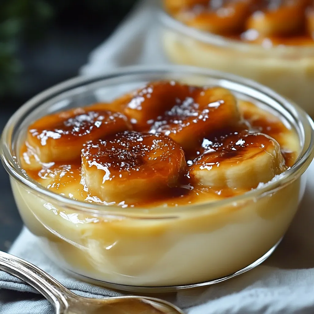 Postre de plátano caramelizado con crema casera en copa de vidrio