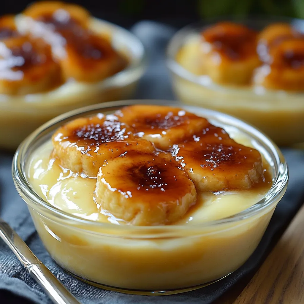 Postre de plátano caramelizado con crema casera en copa de vidrio