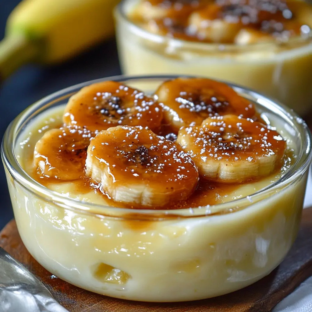 Postre de plátano caramelizado con crema casera en copa de vidrio