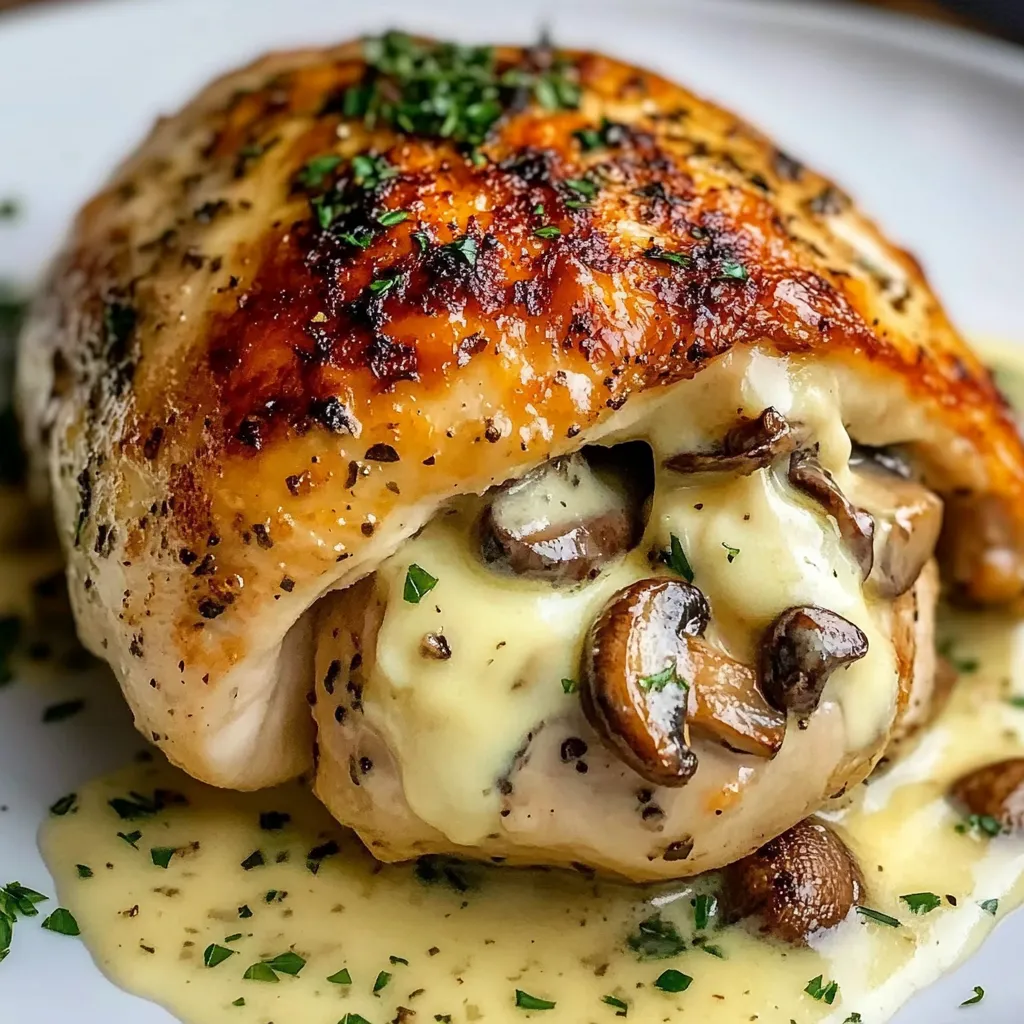 Pechuga de pollo rellena con champiñones, queso y ajo, dorada al sartén y cocinada al horno