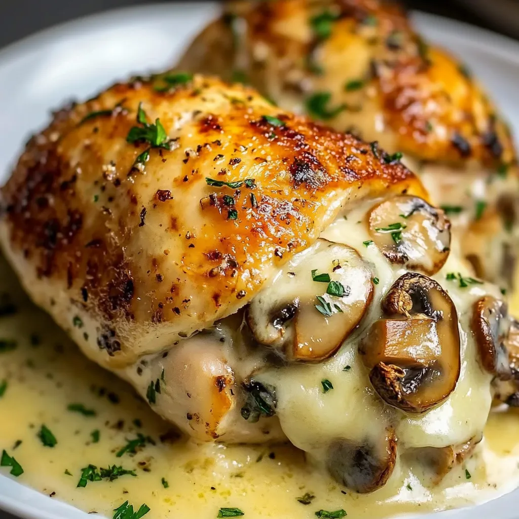 Pechuga de pollo rellena con champiñones, queso y ajo, dorada al sartén y cocinada al horno