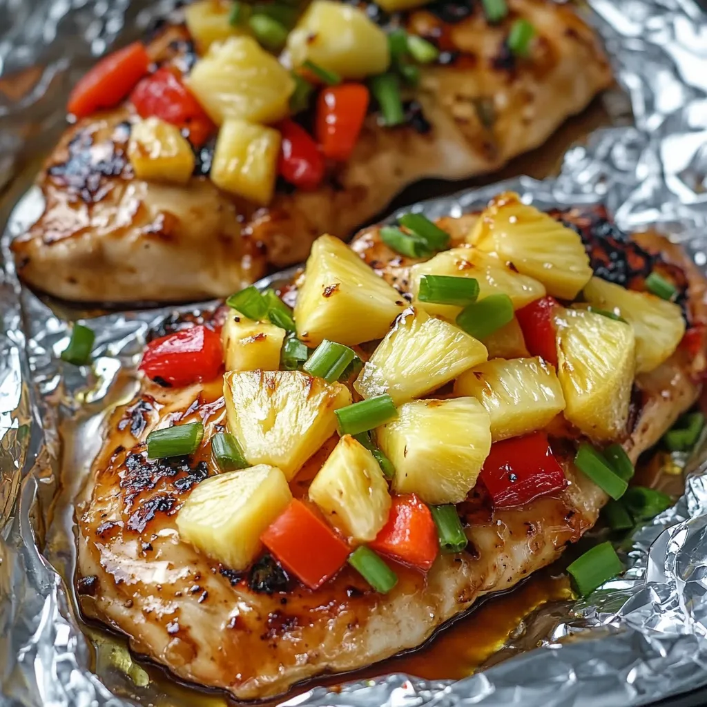 Pechuga de pollo al horno servida con piña, pimiento y calabacín, bañada en salsa teriyaki y decorada con cebolla verde.