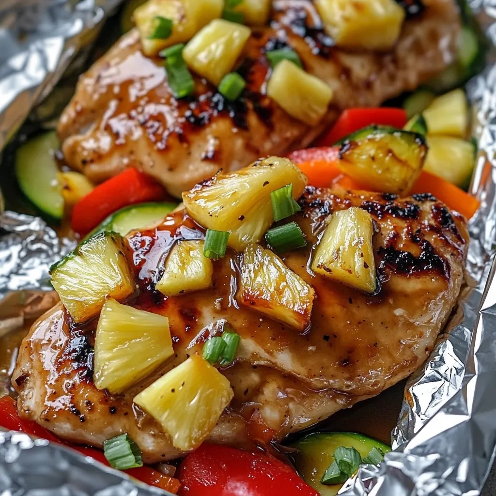 Pechuga de pollo al horno servida con piña, pimiento y calabacín, bañada en salsa teriyaki y decorada con cebolla verde.