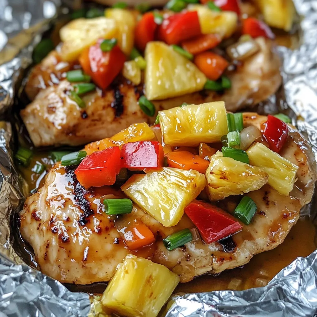 Pechuga de pollo al horno servida con piña, pimiento y calabacín, bañada en salsa teriyaki y decorada con cebolla verde.