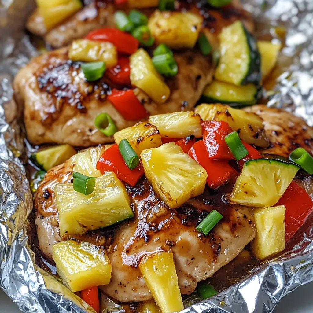 Pechuga de pollo al horno servida con piña, pimiento y calabacín, bañada en salsa teriyaki y decorada con cebolla verde.
