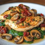 Pollo en salsa cremosa con champiñones, espinacas y tomates secos servido en plato blanco