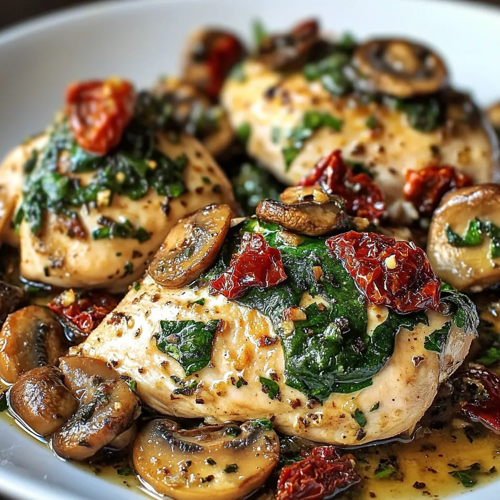 Pollo en salsa cremosa con champiñones, espinacas y tomates secos servido en plato blanco