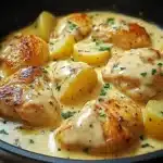 Pollo con patatas en salsa de queso servido en sartén con perejil fresco