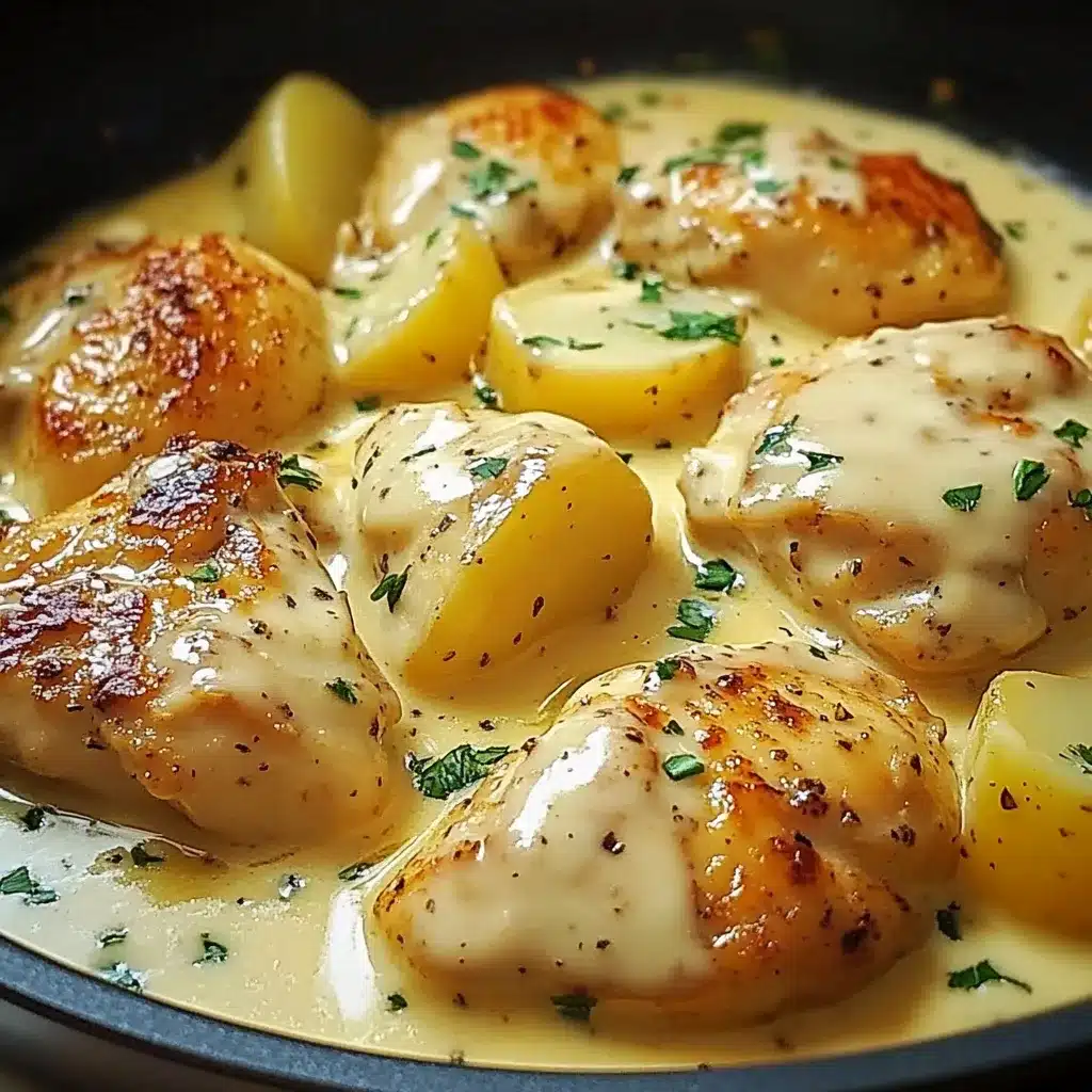 Pollo con patatas en salsa de queso servido en sartén con perejil fresco