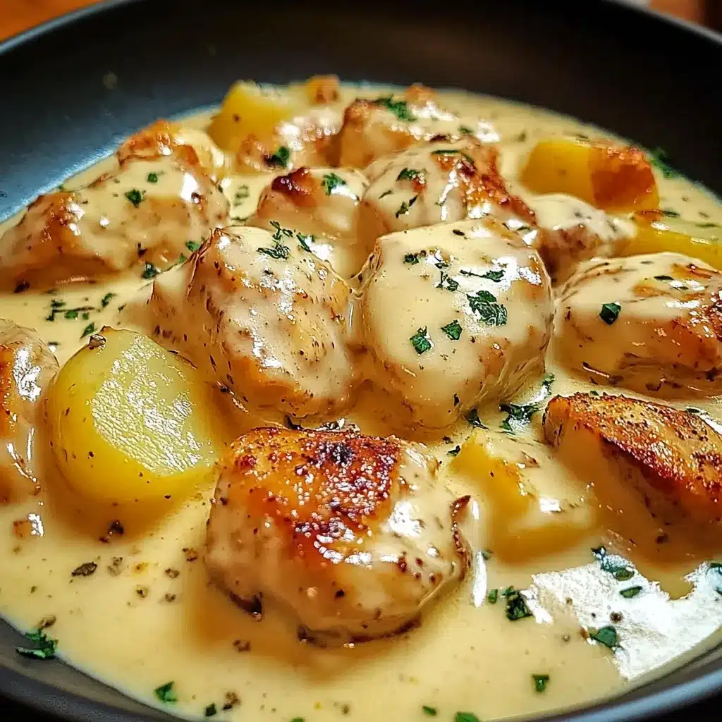 Pollo con patatas en salsa de queso servido en sartén con perejil fresco