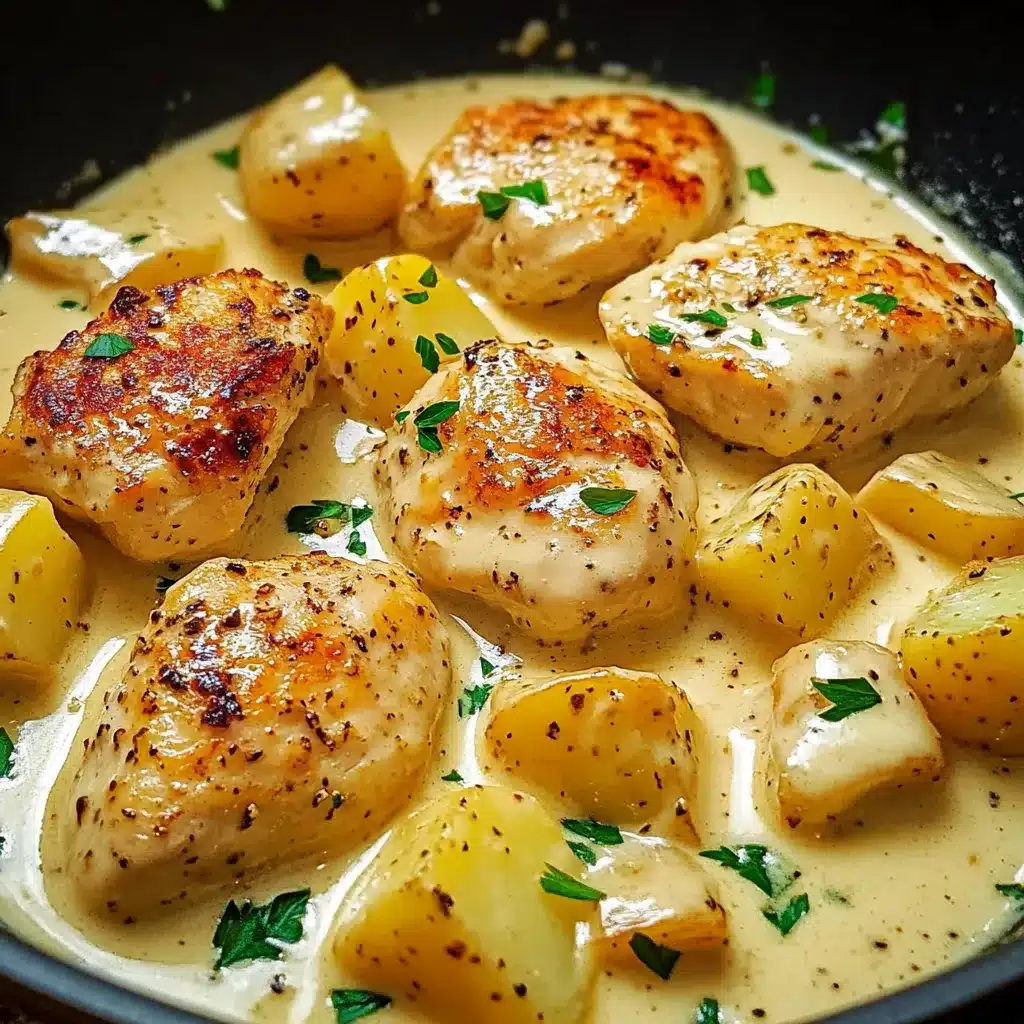 Pollo con patatas en salsa de queso servido en sartén con perejil fresco