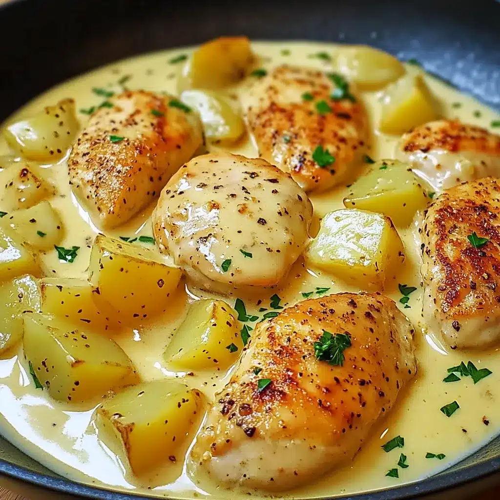 Pollo con patatas en salsa de queso servido en sartén con perejil fresco