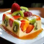 Pudín de leche con frutas frescas troceadas servido en plato blanco, postre ligero y casero