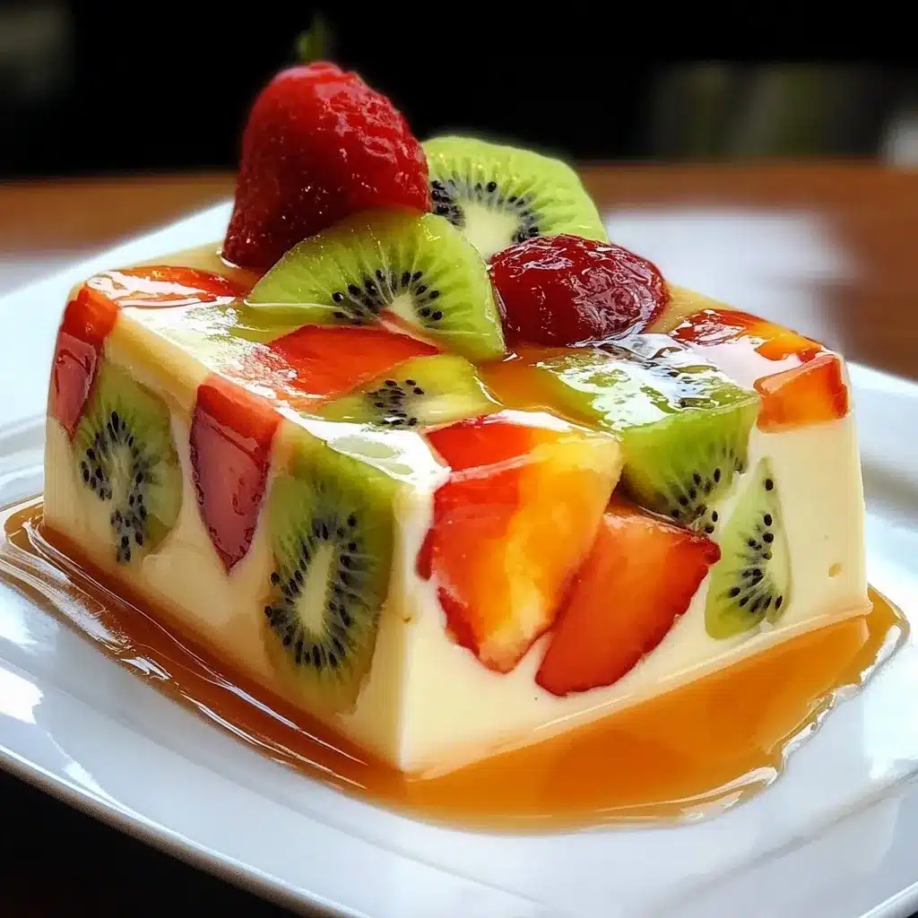 Pudín de leche con frutas frescas troceadas servido en plato blanco, postre ligero y casero