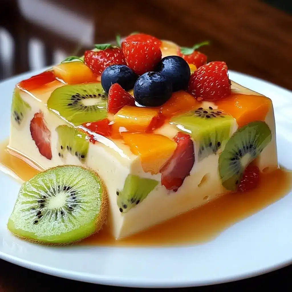 Pudín de leche con frutas frescas troceadas servido en plato blanco, postre ligero y casero