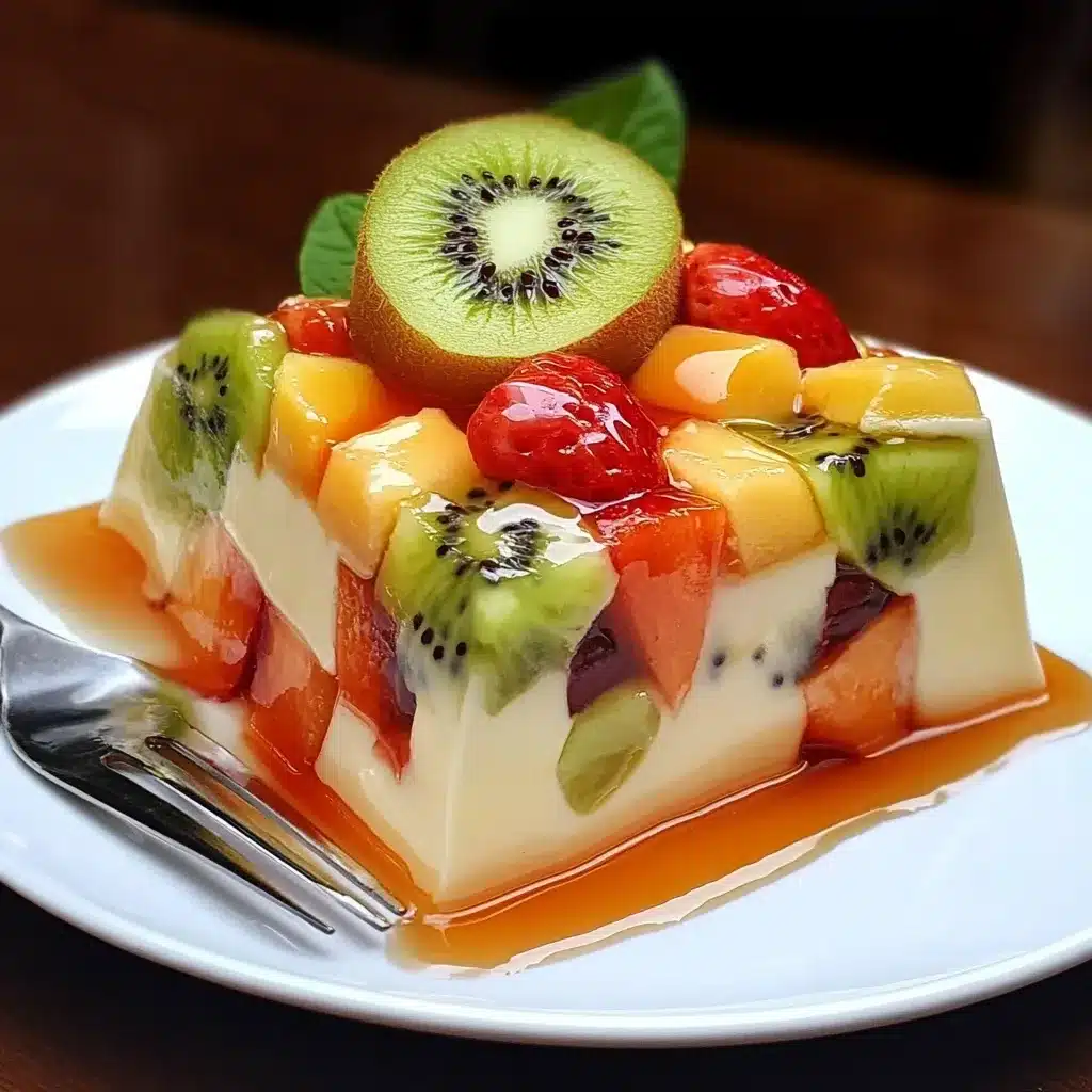 Pudín de leche con frutas frescas troceadas servido en plato blanco, postre ligero y casero