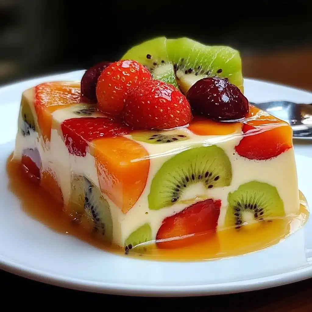 Pudín de leche con frutas frescas troceadas servido en plato blanco, postre ligero y casero