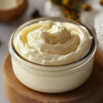 Crema casera antiarrugas en frasco de vidrio, con ingredientes naturales al fondo
