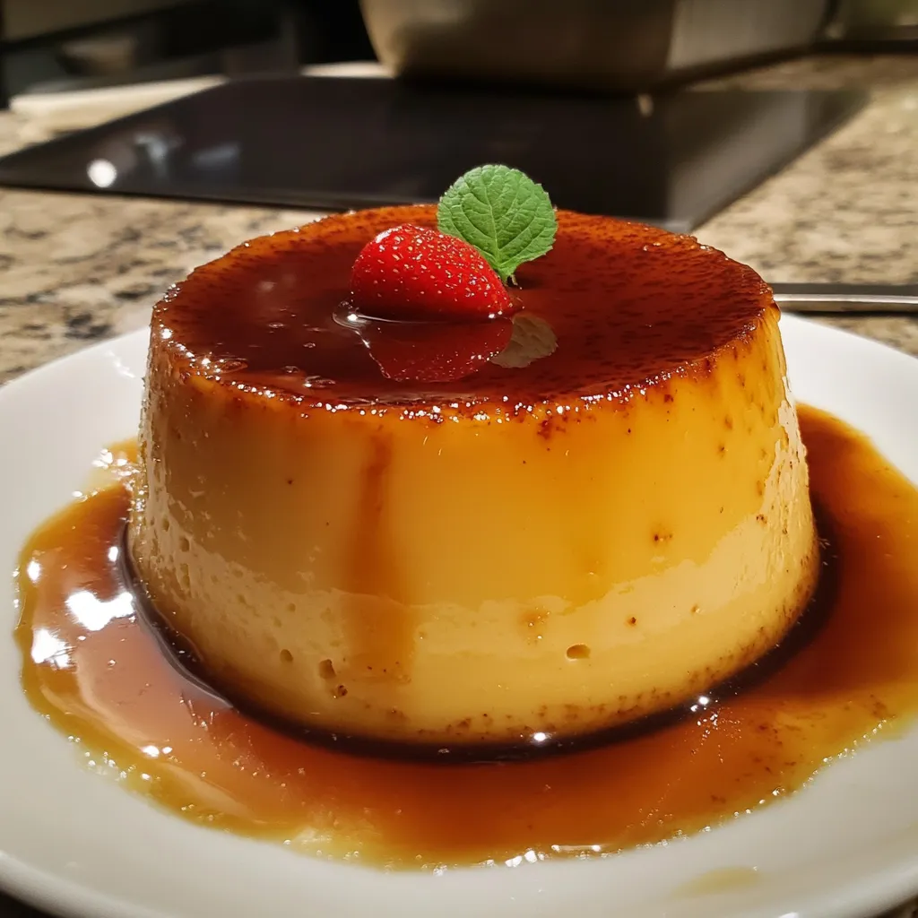 Flan napolitano casero cubierto con caramelo brillante