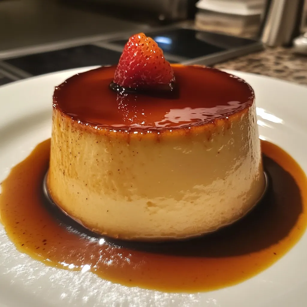 Flan napolitano casero cubierto con caramelo brillante