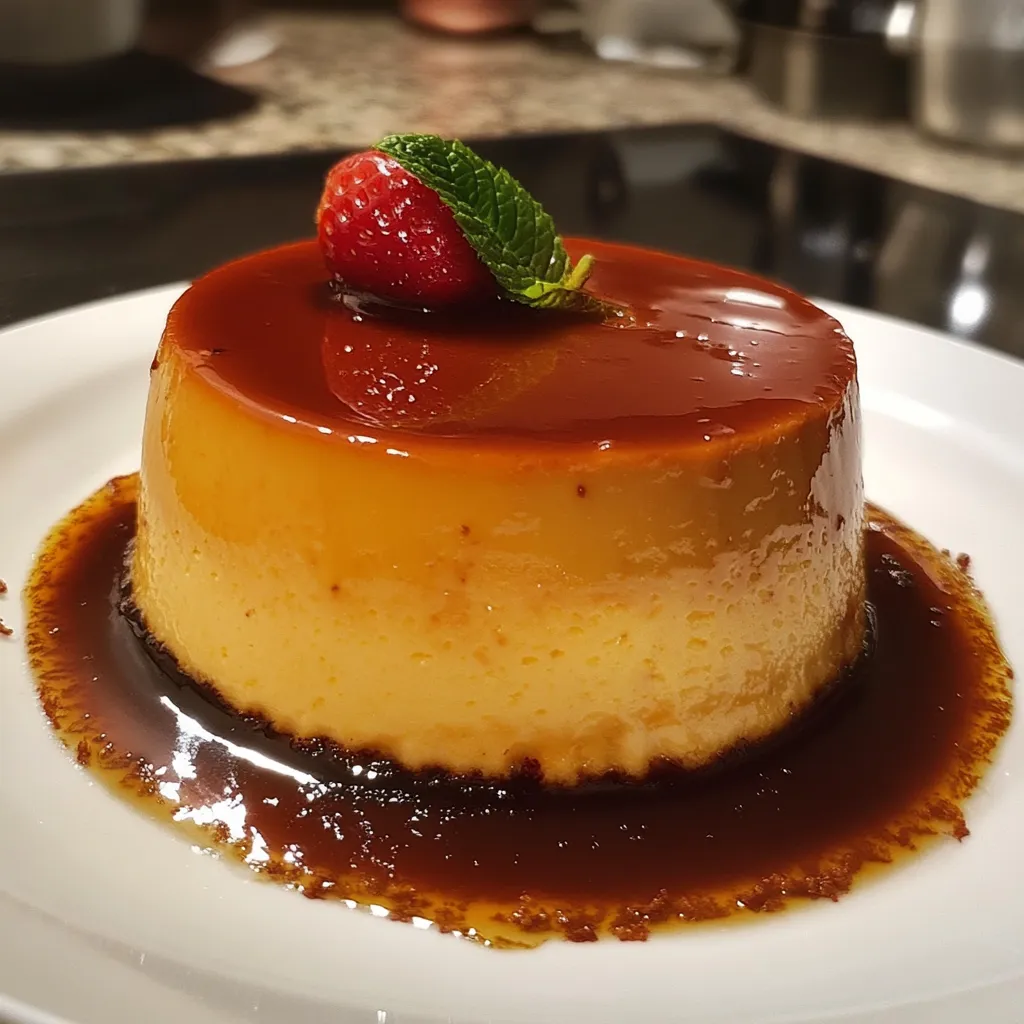 Flan napolitano casero cubierto con caramelo brillante
