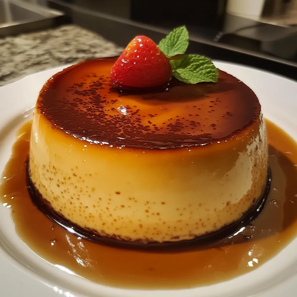 Flan napolitano casero cubierto con caramelo brillante