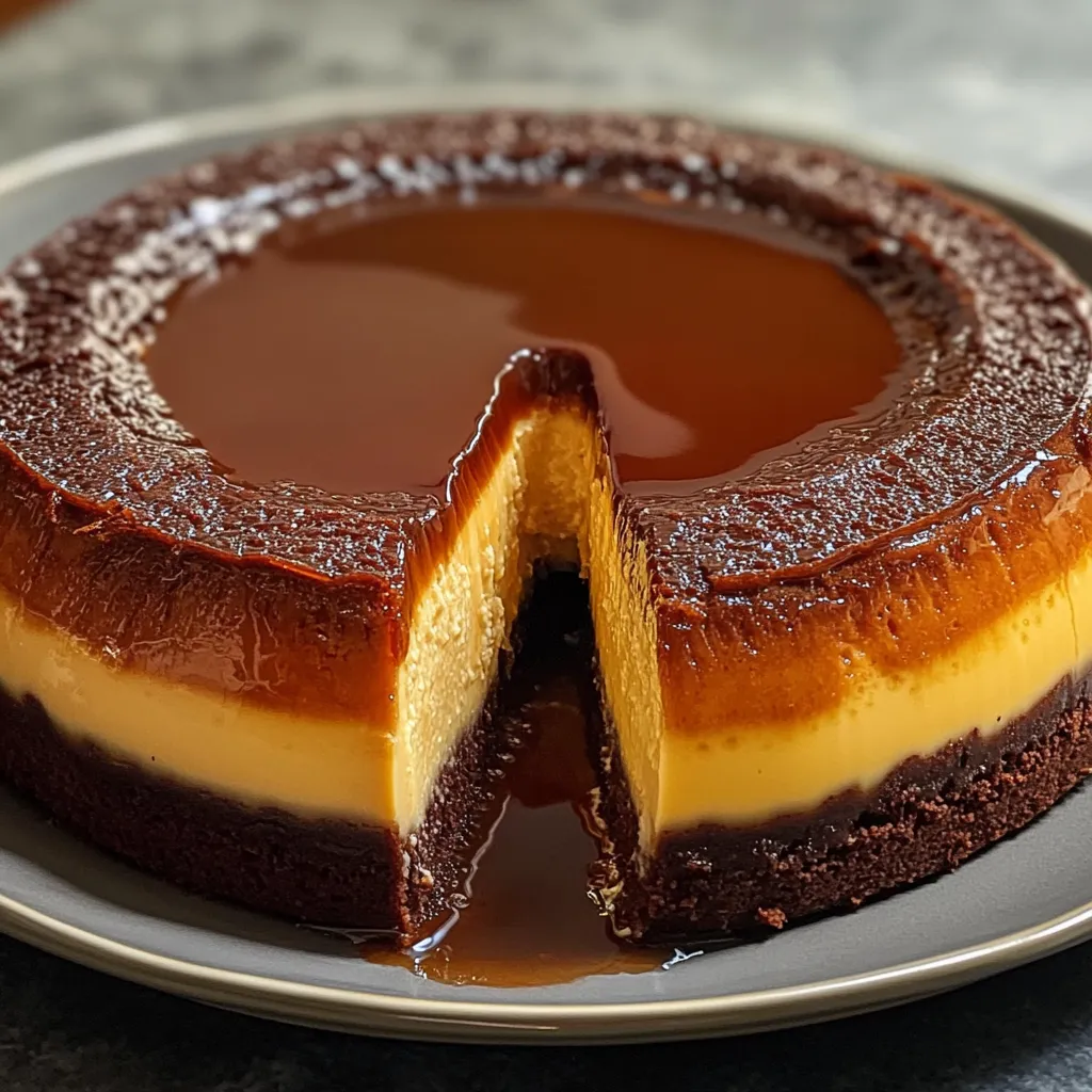 Chocoflan casero recién desmoldado con capas perfectas de flan y bizcocho de chocolate