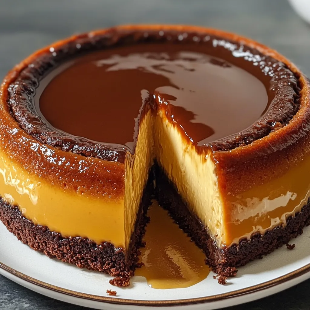 Chocoflan casero recién desmoldado con capas perfectas de flan y bizcocho de chocolate