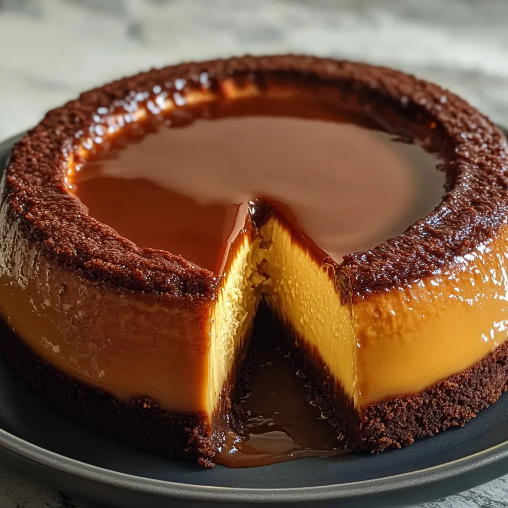 Chocoflan casero recién desmoldado con capas perfectas de flan y bizcocho de chocolate