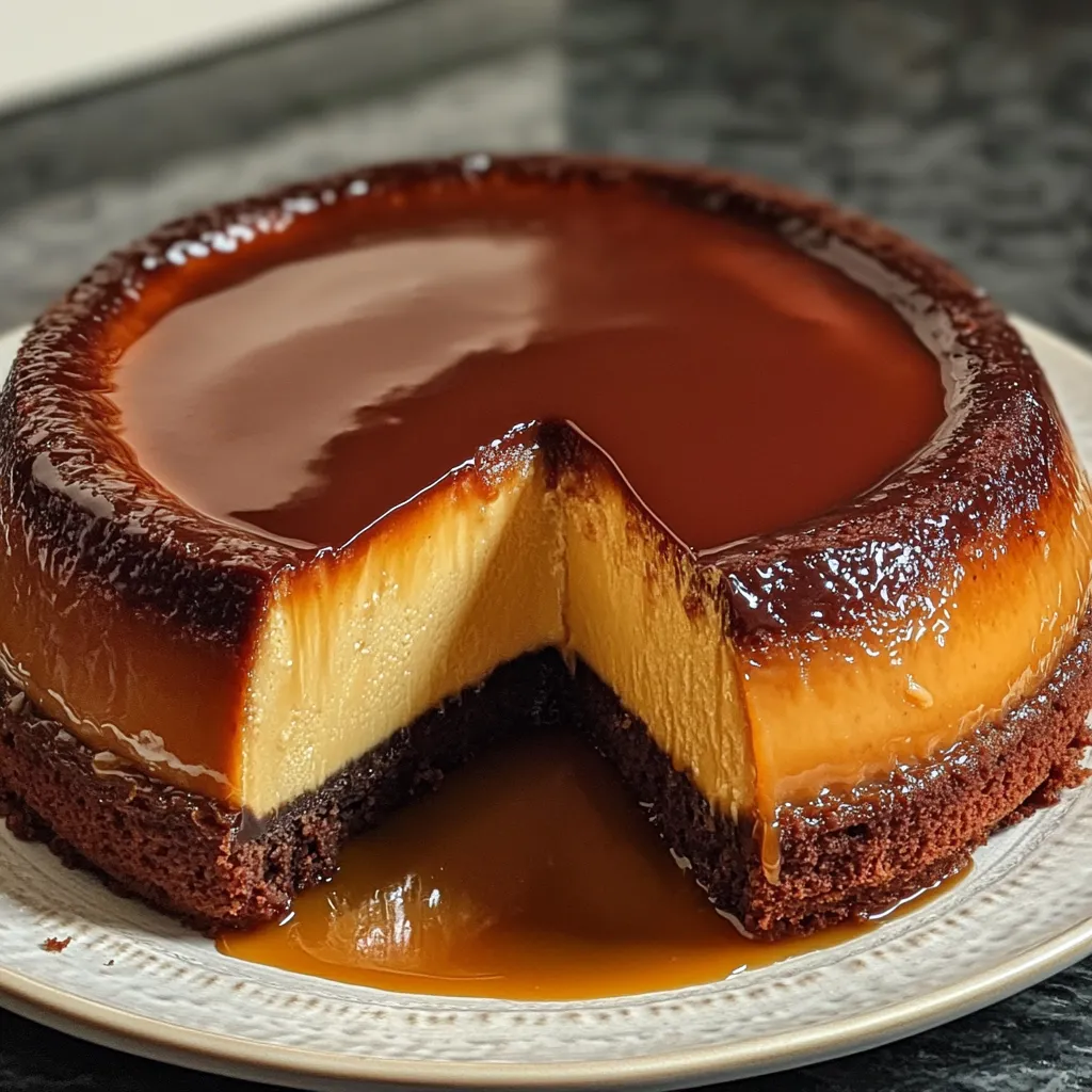 Chocoflan casero recién desmoldado con capas perfectas de flan y bizcocho de chocolate