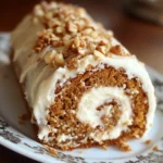 Rollo de pastel de zanahoria recién cortado mostrando el relleno de glaseado de queso crema