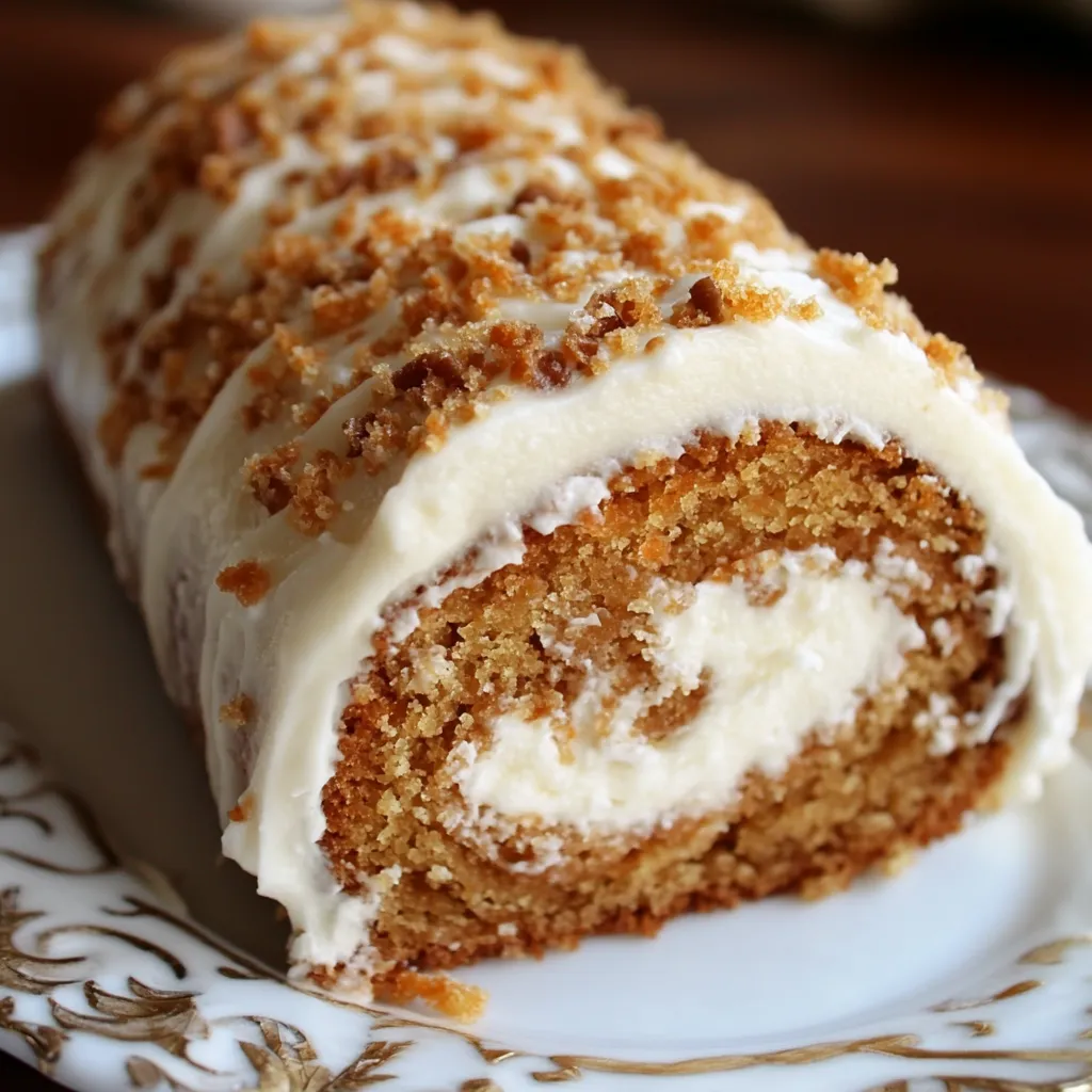 Rollo de pastel de zanahoria recién cortado mostrando el relleno de glaseado de queso crema