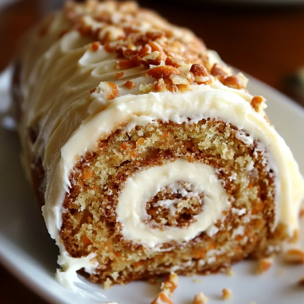 Rollo de pastel de zanahoria recién cortado mostrando el relleno de glaseado de queso crema
