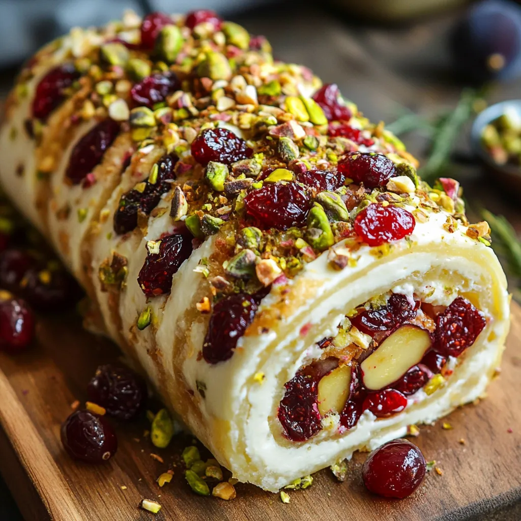 Rollo de queso con frutos, decorado con pistachos, higos y miel sobre tabla de madera